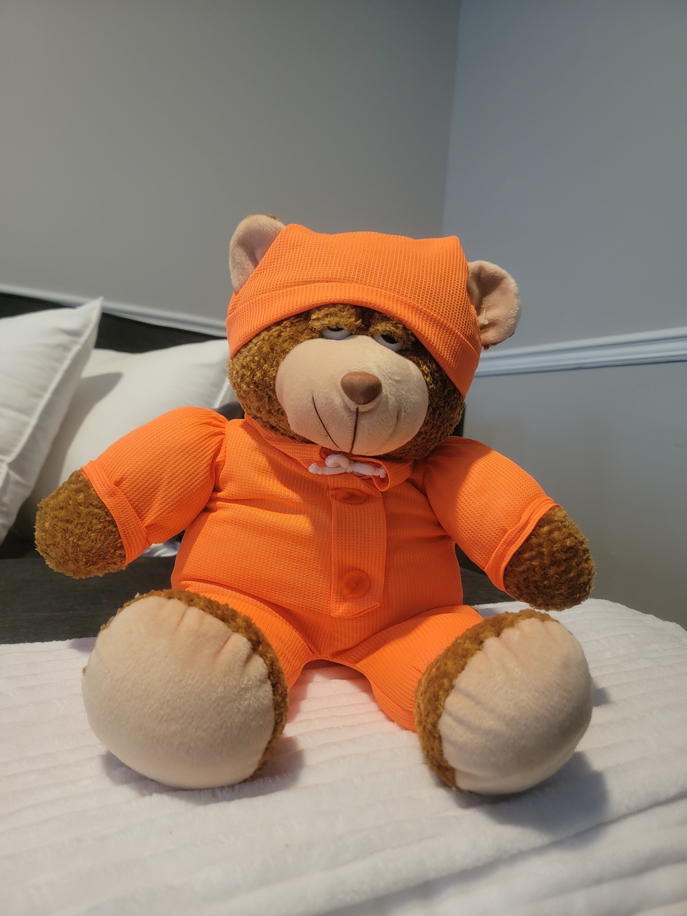 Plush Teddy Bear in Bright Orange Pajamas - Kids Toy